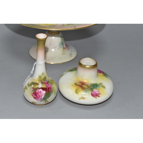 624 - THREE PIECES OF ROYAL WORCESTER PORCELAIN, comprising a comport painted with roses, iron red no. W 6... 