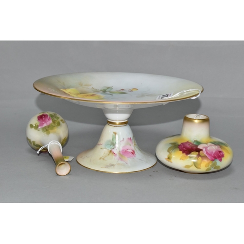 624 - THREE PIECES OF ROYAL WORCESTER PORCELAIN, comprising a comport painted with roses, iron red no. W 6... 