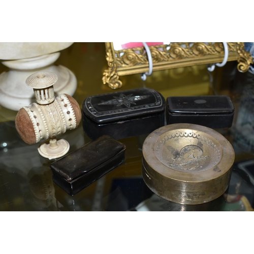 630 - A GROUP OF 19TH CENTURY AND LATER COLLECTABLES, CERAMICS, ETC, including a turned bone pin cushion, ... 