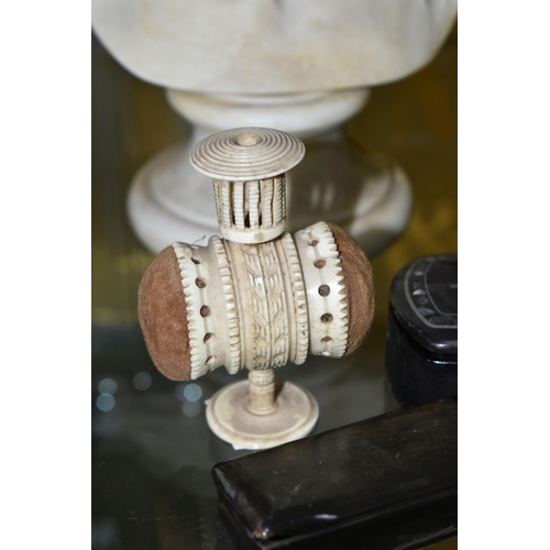 630 - A GROUP OF 19TH CENTURY AND LATER COLLECTABLES, CERAMICS, ETC, including a turned bone pin cushion, ... 