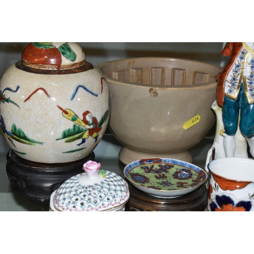 634 - A GROUP OF 19TH AND 20TH CENTURY CERAMICS, including a Coalbrookdale pot pourri and cover of floral ... 