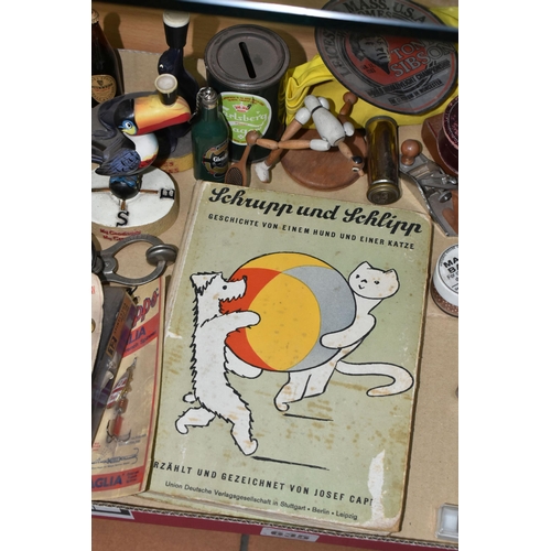 635 - A BOX OF COLLECTABLES OF FISHING, BREWERY / ADVERTISING INTEREST, ETC, including an Enesco Guinness ... 