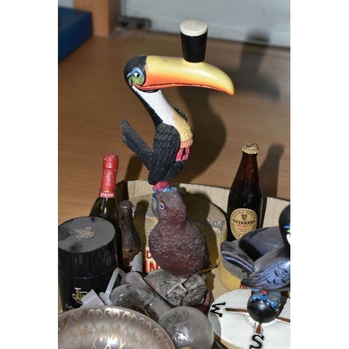 635 - A BOX OF COLLECTABLES OF FISHING, BREWERY / ADVERTISING INTEREST, ETC, including an Enesco Guinness ... 