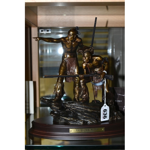 636 - A BOXED FRANKLIN MINT 'INTRUDER ALERT' BRONZE SCULPTURE, after Ernie Cselko, depicting two Native Am... 