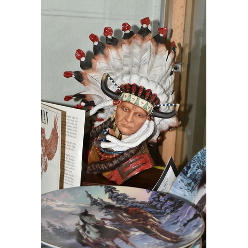 648 - THREE BOXED FRANKLIN MINT CERAMIC SCULPTURES AND A COLLECTION OF SIMILAR COLLECTORS PLATES, the scul... 