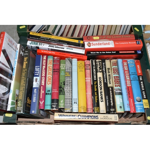 650 - TWO BOXES OF BOOKS containing fifty-four titles mostly in hardback format (48) and concerning Footba... 