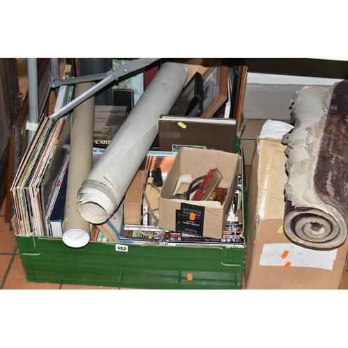 652 - THREE BOXES OF BOOKS, TECHNICAL DRAWINGS AND FRAMED PICTURES, to include a box of technical drawings... 