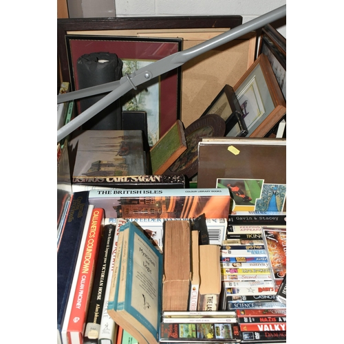 652 - THREE BOXES OF BOOKS, TECHNICAL DRAWINGS AND FRAMED PICTURES, to include a box of technical drawings... 