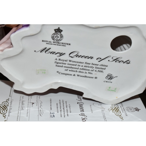 654 - FIVE BOXED ROYAL WORCESTER 'QUEENS OF BRITAIN' COLLECTION FIGURINES, limited edition for Compton and... 