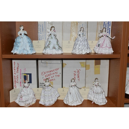 669 - EIGHT BOXED ROYAL WORCESTER ROMANCE OF VICTORIAN ERA FIGURINES, comprising 'The Masquerade Begins', ... 