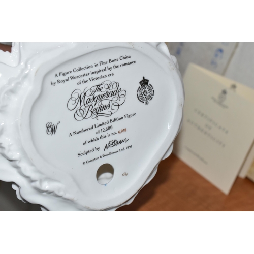 669 - EIGHT BOXED ROYAL WORCESTER ROMANCE OF VICTORIAN ERA FIGURINES, comprising 'The Masquerade Begins', ... 