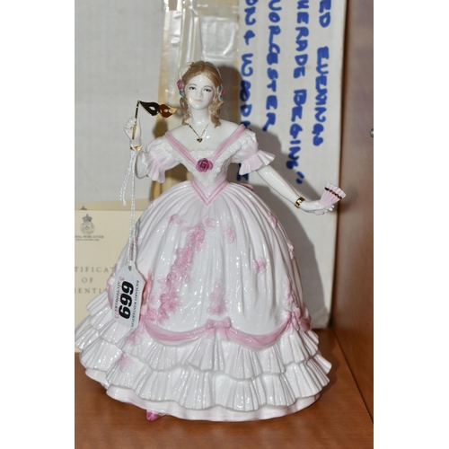 669 - EIGHT BOXED ROYAL WORCESTER ROMANCE OF VICTORIAN ERA FIGURINES, comprising 'The Masquerade Begins', ... 