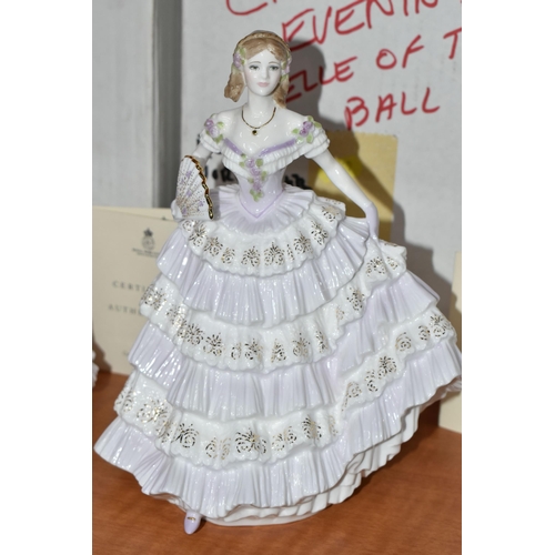 669 - EIGHT BOXED ROYAL WORCESTER ROMANCE OF VICTORIAN ERA FIGURINES, comprising 'The Masquerade Begins', ... 