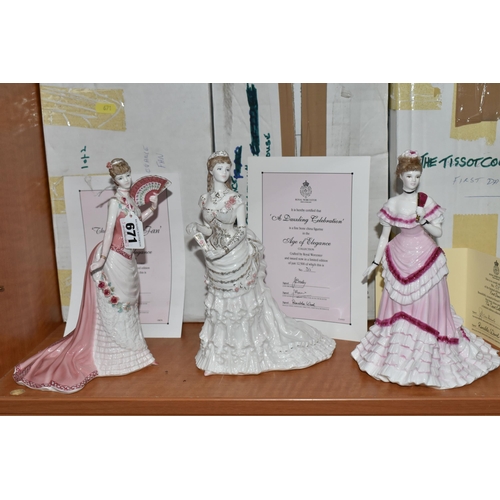 671 - TWO BOXED ROYAL WORCESTER 'AGE OF ELEGANCE' FIGURINES AND ONE BOXED 'TISSOT' COLLECTION FIGURES, com... 