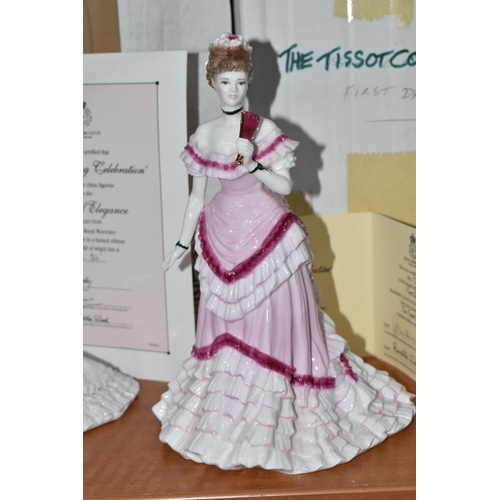 671 - TWO BOXED ROYAL WORCESTER 'AGE OF ELEGANCE' FIGURINES AND ONE BOXED 'TISSOT' COLLECTION FIGURES, com... 