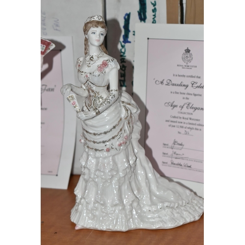 671 - TWO BOXED ROYAL WORCESTER 'AGE OF ELEGANCE' FIGURINES AND ONE BOXED 'TISSOT' COLLECTION FIGURES, com... 