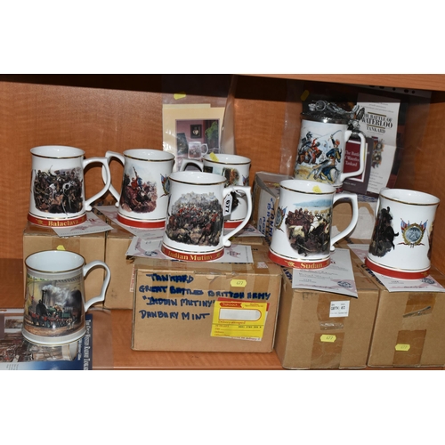 677 - A BOXED SET OF SIX DANBURY MINT ARMY TANKARDS, together with a boxed Danbury Mint 'Indian Mutiny' ta... 