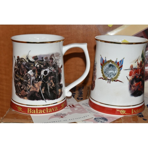 677 - A BOXED SET OF SIX DANBURY MINT ARMY TANKARDS, together with a boxed Danbury Mint 'Indian Mutiny' ta... 