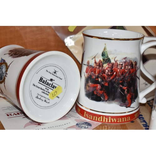677 - A BOXED SET OF SIX DANBURY MINT ARMY TANKARDS, together with a boxed Danbury Mint 'Indian Mutiny' ta... 