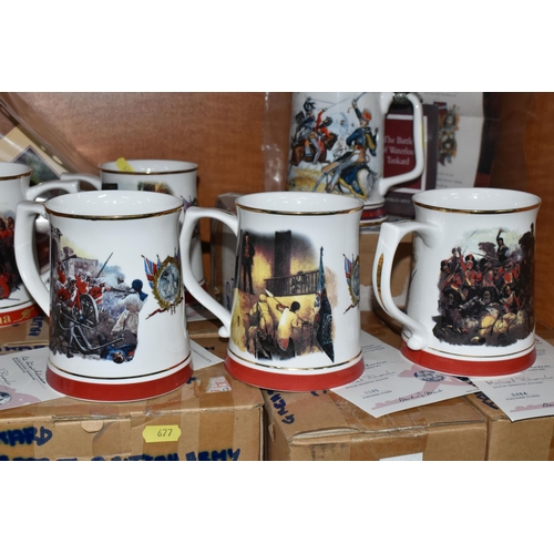 677 - A BOXED SET OF SIX DANBURY MINT ARMY TANKARDS, together with a boxed Danbury Mint 'Indian Mutiny' ta... 