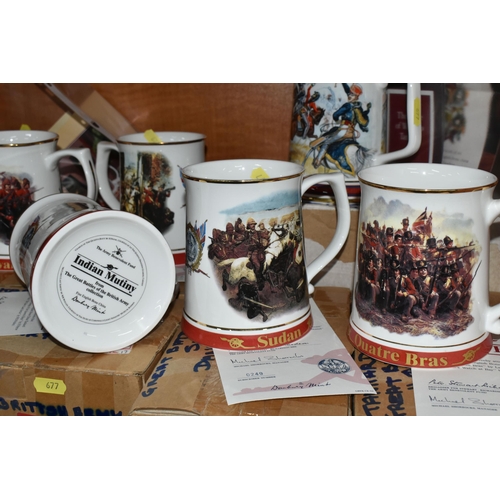 677 - A BOXED SET OF SIX DANBURY MINT ARMY TANKARDS, together with a boxed Danbury Mint 'Indian Mutiny' ta... 
