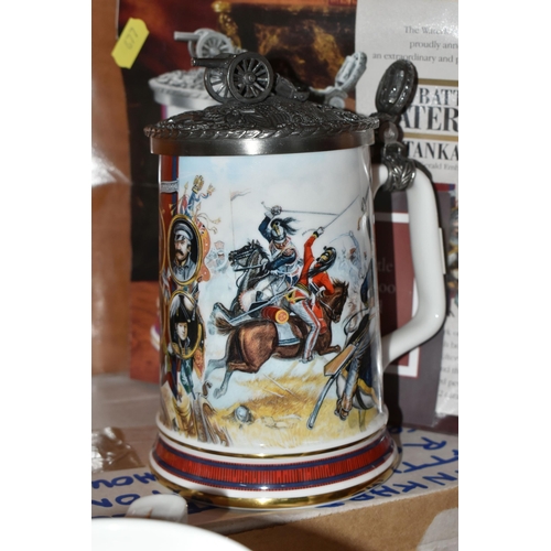 677 - A BOXED SET OF SIX DANBURY MINT ARMY TANKARDS, together with a boxed Danbury Mint 'Indian Mutiny' ta... 