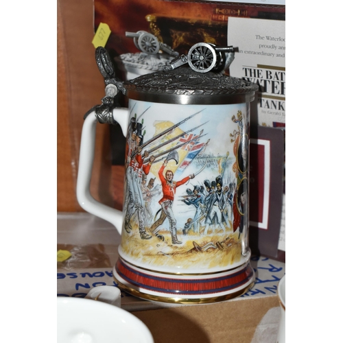 677 - A BOXED SET OF SIX DANBURY MINT ARMY TANKARDS, together with a boxed Danbury Mint 'Indian Mutiny' ta... 