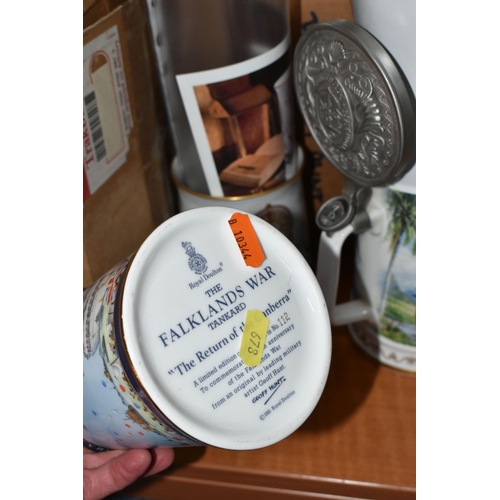 678 - A GROUP OF MARITIME RELATED TANKARDS AND COLLECTOR'S PLATES, comprising six limited edition Wedgwood... 