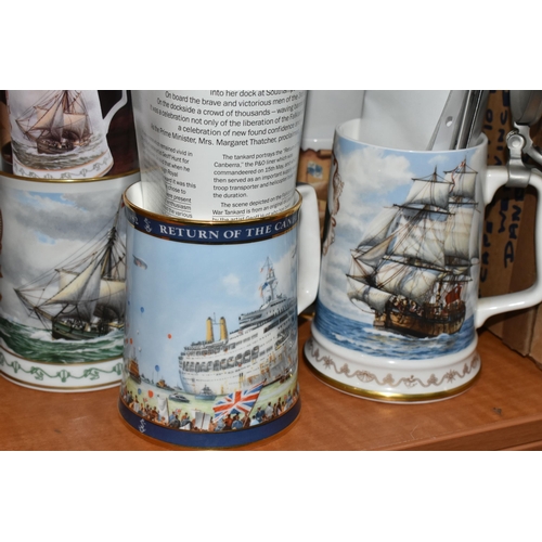 678 - A GROUP OF MARITIME RELATED TANKARDS AND COLLECTOR'S PLATES, comprising six limited edition Wedgwood... 