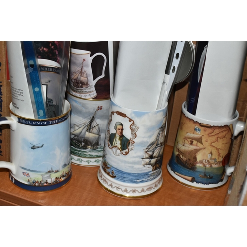 678 - A GROUP OF MARITIME RELATED TANKARDS AND COLLECTOR'S PLATES, comprising six limited edition Wedgwood... 