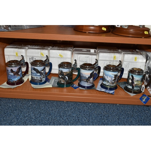 688 - SIX TED BLAYLOCK FOR FRANKLIN MINT TANKARDS, each depicting a Bald Eagle in various settings, the li... 