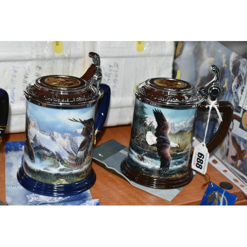 688 - SIX TED BLAYLOCK FOR FRANKLIN MINT TANKARDS, each depicting a Bald Eagle in various settings, the li... 