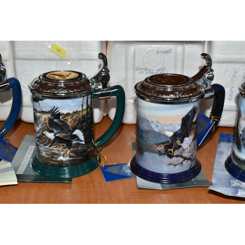 688 - SIX TED BLAYLOCK FOR FRANKLIN MINT TANKARDS, each depicting a Bald Eagle in various settings, the li... 
