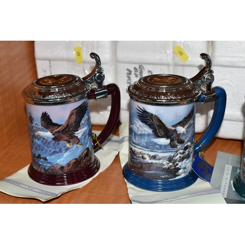 688 - SIX TED BLAYLOCK FOR FRANKLIN MINT TANKARDS, each depicting a Bald Eagle in various settings, the li... 