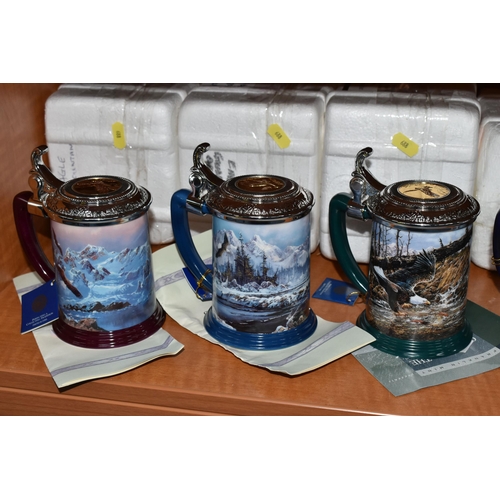 688 - SIX TED BLAYLOCK FOR FRANKLIN MINT TANKARDS, each depicting a Bald Eagle in various settings, the li... 