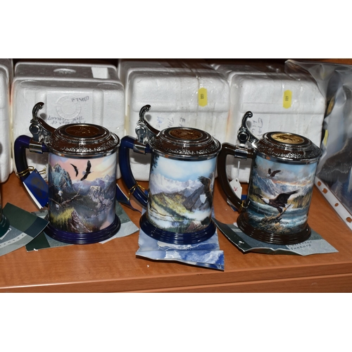 688 - SIX TED BLAYLOCK FOR FRANKLIN MINT TANKARDS, each depicting a Bald Eagle in various settings, the li... 