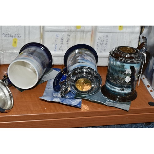 688 - SIX TED BLAYLOCK FOR FRANKLIN MINT TANKARDS, each depicting a Bald Eagle in various settings, the li... 
