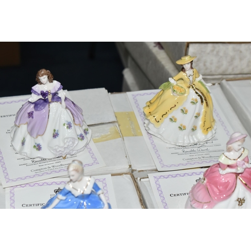 693 - EIGHTEEN BOXED COALPORT 'FAIREST FLOWERS' FIGURINES AND TWO BOXED DISPLAY STANDS, for Compton & Wood... 