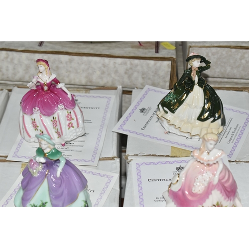 693 - EIGHTEEN BOXED COALPORT 'FAIREST FLOWERS' FIGURINES AND TWO BOXED DISPLAY STANDS, for Compton & Wood... 