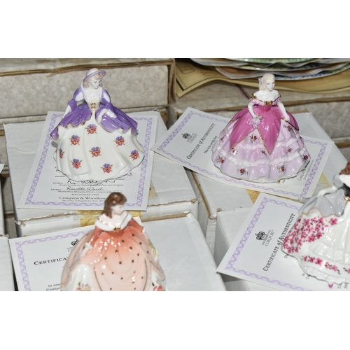 693 - EIGHTEEN BOXED COALPORT 'FAIREST FLOWERS' FIGURINES AND TWO BOXED DISPLAY STANDS, for Compton & Wood... 