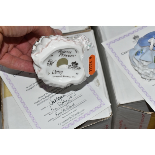 693 - EIGHTEEN BOXED COALPORT 'FAIREST FLOWERS' FIGURINES AND TWO BOXED DISPLAY STANDS, for Compton & Wood... 