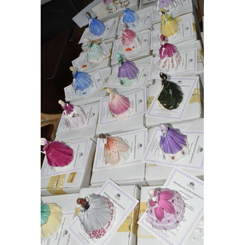 693 - EIGHTEEN BOXED COALPORT 'FAIREST FLOWERS' FIGURINES AND TWO BOXED DISPLAY STANDS, for Compton & Wood... 