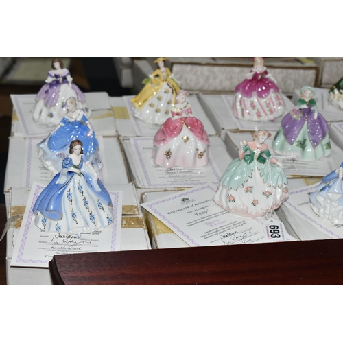 693 - EIGHTEEN BOXED COALPORT 'FAIREST FLOWERS' FIGURINES AND TWO BOXED DISPLAY STANDS, for Compton & Wood... 