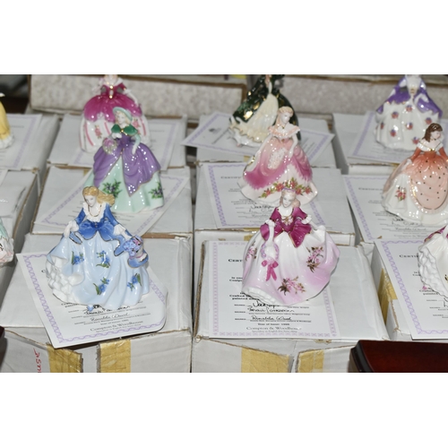 693 - EIGHTEEN BOXED COALPORT 'FAIREST FLOWERS' FIGURINES AND TWO BOXED DISPLAY STANDS, for Compton & Wood... 