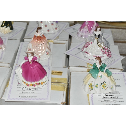 693 - EIGHTEEN BOXED COALPORT 'FAIREST FLOWERS' FIGURINES AND TWO BOXED DISPLAY STANDS, for Compton & Wood... 