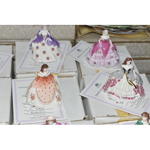 693 - EIGHTEEN BOXED COALPORT 'FAIREST FLOWERS' FIGURINES AND TWO BOXED DISPLAY STANDS, for Compton & Wood... 