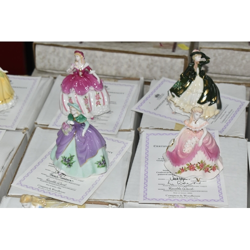 693 - EIGHTEEN BOXED COALPORT 'FAIREST FLOWERS' FIGURINES AND TWO BOXED DISPLAY STANDS, for Compton & Wood... 