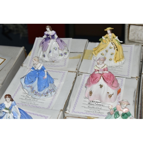 693 - EIGHTEEN BOXED COALPORT 'FAIREST FLOWERS' FIGURINES AND TWO BOXED DISPLAY STANDS, for Compton & Wood... 