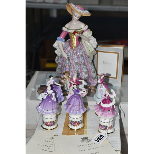 694 - SIX BOXED COALPORT MINIATURE FIGURINES AND A BOXED FRANKLIN MINT 'DIANA' FIGURINE, comprising six Co... 