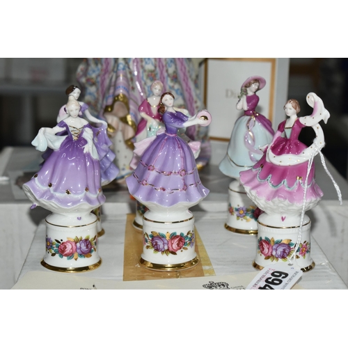 694 - SIX BOXED COALPORT MINIATURE FIGURINES AND A BOXED FRANKLIN MINT 'DIANA' FIGURINE, comprising six Co... 